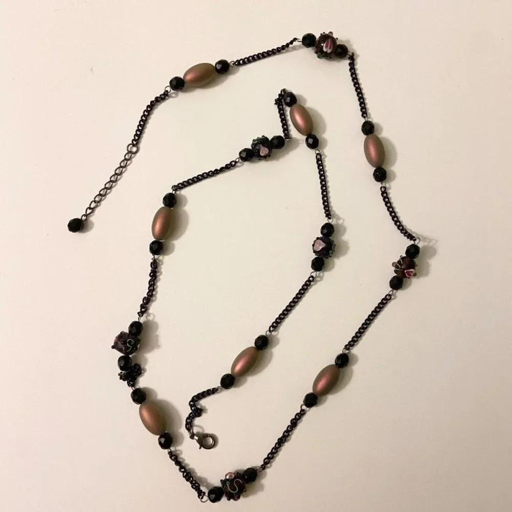 Long Beaded Dark Tone Necklace Multicolor 44 Inch Length Costume Jewelry